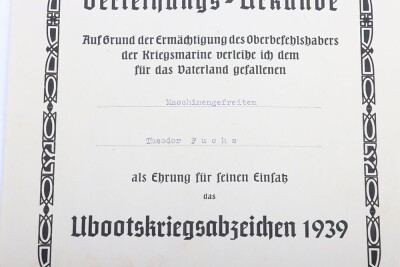 WW2 German Kriegsmarine U-Boat KIA Document Group to Maschinengefr. Theodor Fuchs, KIA on U-656 - 5