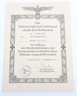 WW2 German Kriegsmarine U-Boat KIA Document Group to Maschinengefr. Theodor Fuchs, KIA on U-656 - 7
