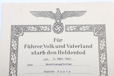 WW2 German Kriegsmarine U-Boat KIA Document Group to Maschinengefr. Theodor Fuchs, KIA on U-656 - 8