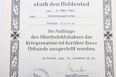 WW2 German Kriegsmarine U-Boat KIA Document Group to Maschinengefr. Theodor Fuchs, KIA on U-656 - 9