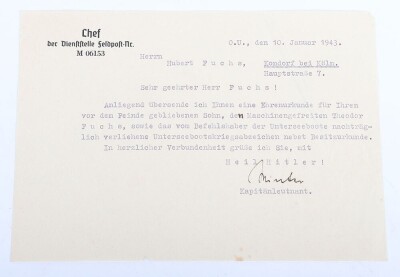 WW2 German Kriegsmarine U-Boat KIA Document Group to Maschinengefr. Theodor Fuchs, KIA on U-656 - 11