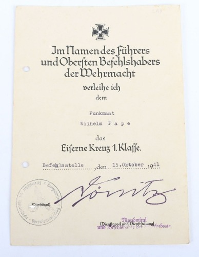 WW2 German Iron Cross 1st Class Award Document to U-Boat Crewman Wilhelm Pape, Signed by Karl D&ouml;nitz