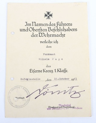 WW2 German Iron Cross 1st Class Award Document to U-Boat Crewman Wilhelm Pape, Signed by Karl D&ouml;nitz