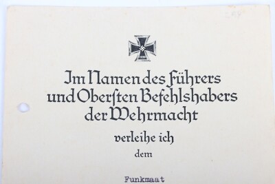 WW2 German Iron Cross 1st Class Award Document to U-Boat Crewman Wilhelm Pape, Signed by Karl D&ouml;nitz - 3