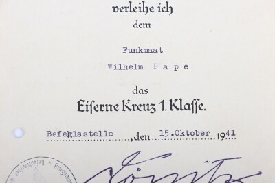 WW2 German Iron Cross 1st Class Award Document to U-Boat Crewman Wilhelm Pape, Signed by Karl D&ouml;nitz - 4