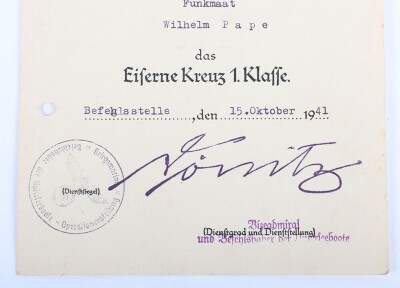WW2 German Iron Cross 1st Class Award Document to U-Boat Crewman Wilhelm Pape, Signed by Karl D&ouml;nitz - 5
