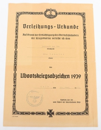 WW2 German U-Boat War Badge Award Document to Leutnant zur See Otto Tenzler
