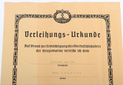 WW2 German U-Boat War Badge Award Document to Leutnant zur See Otto Tenzler - 2