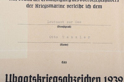 WW2 German U-Boat War Badge Award Document to Leutnant zur See Otto Tenzler - 3
