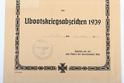WW2 German U-Boat War Badge Award Document to Leutnant zur See Otto Tenzler - 4