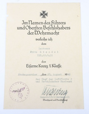 Large Interesting Luftwaffe Fighter Pilot Grouping to Hauptmann Fritz Stendel from Jaggeschwader 51 - 3