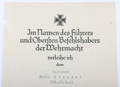 Large Interesting Luftwaffe Fighter Pilot Grouping to Hauptmann Fritz Stendel from Jaggeschwader 51 - 4