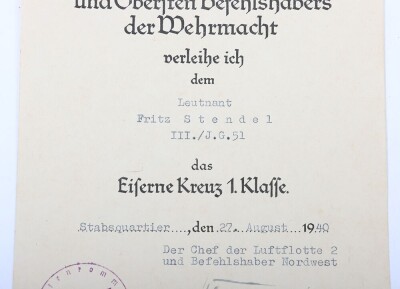 Large Interesting Luftwaffe Fighter Pilot Grouping to Hauptmann Fritz Stendel from Jaggeschwader 51 - 5