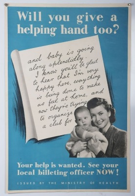 WW2 British, Ministry of Health Poster, 'Will You Give A helping Hand Too'.
