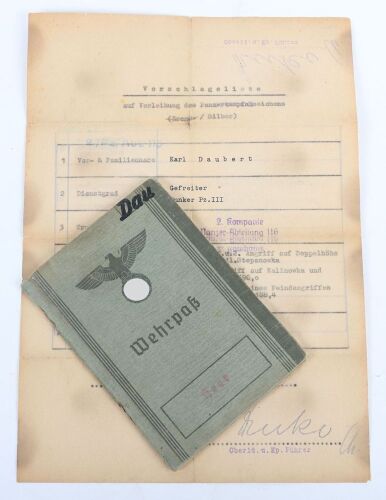 Wehrpass and Panzer Assault Badge recommendation document to Panther tank radio operator Karl Daubert, 116. Panzer-Division &ldquo;Windhund&rdquo;