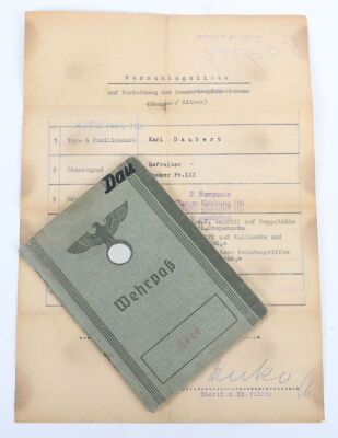 Wehrpass and Panzer Assault Badge recommendation document to Panther tank radio operator Karl Daubert, 116. Panzer-Division &ldquo;Windhund&rdquo;