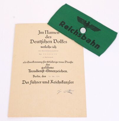 WW2 German Reichsbahn (Railway) Armband and 40 Year Certificate