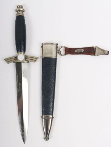 Third Reich DLV / NSFK Flyers Dagger by David Malsch, excellent example of a DLV / NSFK flyers knife with nickel silver fittings. Blue leather covering to the grip and scabbard. Short leather hanging strap attached to the scabbard. Nice patina to the exte
