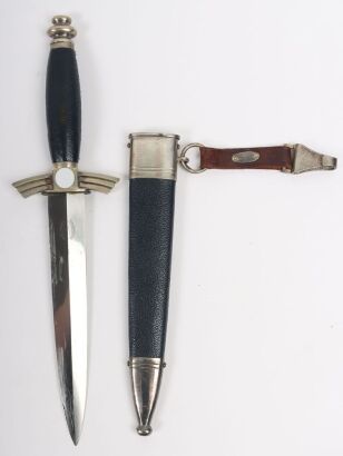 Third Reich DLV / NSFK Flyers Dagger by David Malsch, excellent example of a DLV / NSFK flyers knife with nickel silver fittings. Blue leather covering to the grip and scabbard. Short leather hanging strap attached to the scabbard. Nice patina to the exte