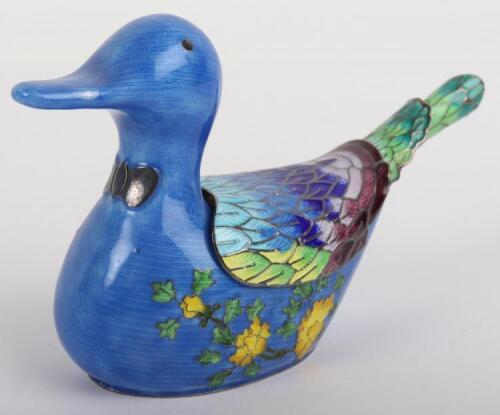 A rare Korean enamel and silver duck mustard pot, 98% silver