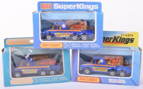 Three Boxed Matchbox Superkings K6 Motorcycle Transporters