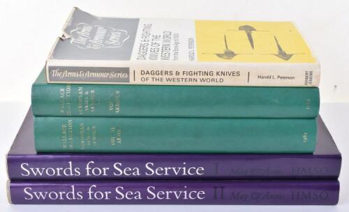 Books Swords for Sea Service by Commander W E May and P G W Annis, two volume set, published by HMSO. Complete with dust jackets and remaining in very good condition. Accompanied by Volumes 1 & 2 of Wallace Collection European Arms & Armour and Daggers & 