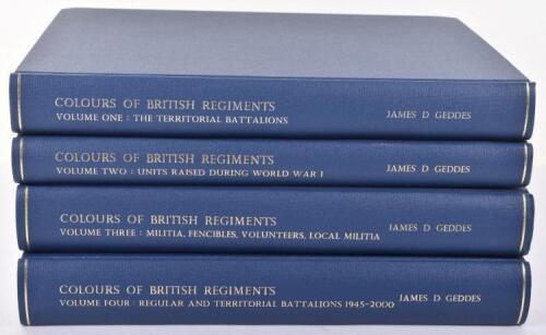 Books – Colours of British Regiments Volumes 1-4 by Geddes, Hardbacks, missing dust jackets. Published in 2004. Signed by Author. Very good condition.