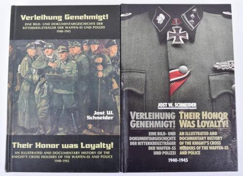 Their Honour was Loyalty! – An Illustrated and Documentary History of the Knights Cross Holders of the Waffen-SS and Police 1940-1945, 1st and 2nd editions. Both being hardback publications, published by Roger J Bender Publishing in 1977 and 1993. Both re