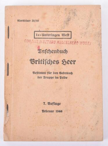 Scarce WW2 German Armed Forces Handbook on the British Forces, produced in 1944 for identifying British soldiers etc. Gives information on weapons, uniforms, equipment, badges worn etc. Good overall condition.