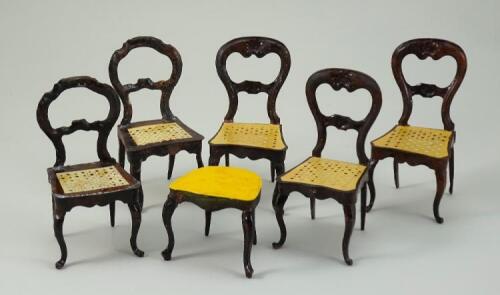 Five Rock & Graner tin-plate balloon-back chairs and stool, German 1870s,