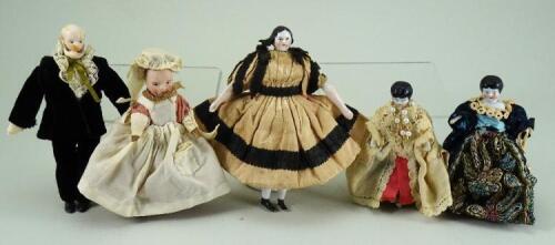 Collection of five dolls house dolls, German,