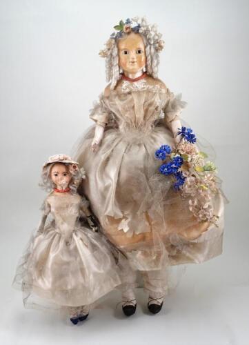 Early English all original wax over composition shoulder head dolls, mother and child, circa 1850,