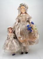 Early English all original wax over composition shoulder head dolls, mother and child, circa 1850,