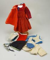 A good original red dolls dress, cape, bonnets and doll clothing,