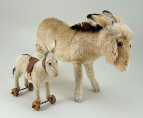 Small Steiff cream mohair Donkey on wheels, German circa 1920,