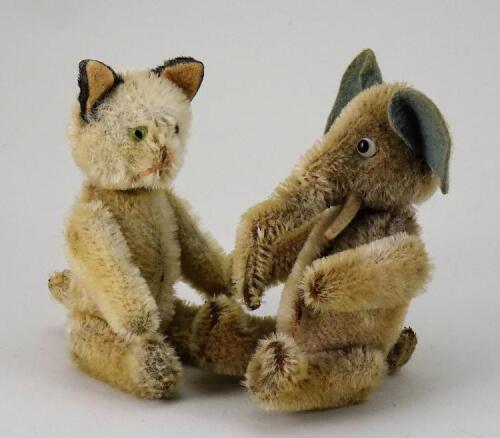 Schuco miniature Yes/No mohair Elephant and Cat, 1950s,