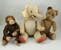 Silk plush toy Elephant, Teddy Bear and mohair Monkey, circa 1930,