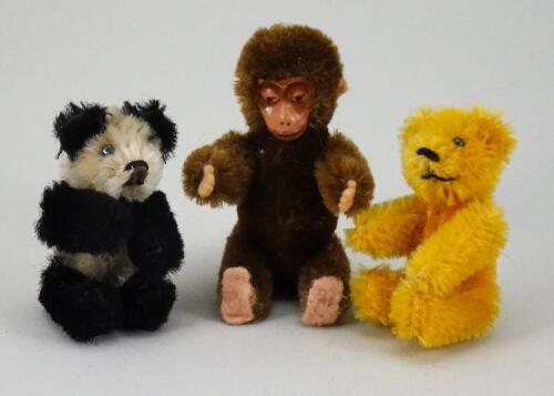 Schuco miniature mohair Teddy Bear, Panda and Monkey, 1950s,