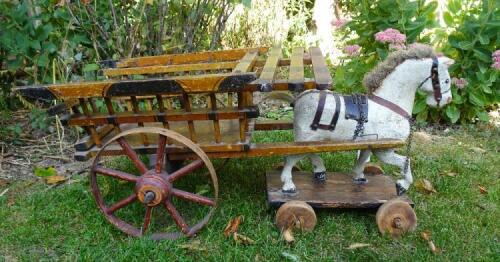 Wooden pull along Horse on Wheels and Hay cart, English circa 1900,