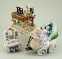 A Pirkenhammer porcelain Baby at Piano group, marked CF (C Fischer) mid 19th century,