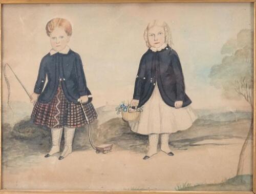 Primitive 19th century watercolour of two children,