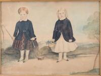 Primitive 19th century watercolour of two children,