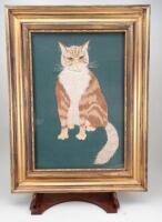 A silk thread and wool work picture of a large ginger cat,