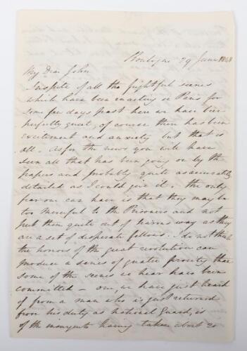 Interesting Letter Describing in English Some Events at the Height of the Revolution in 1848 which led to the Banishment of Louis Philippe and Election of Louis Napoleon Followed by Bloodshed in Paris