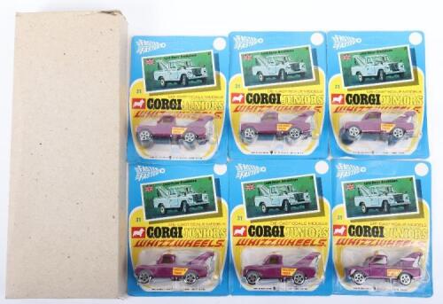 Six Corgi Juniors Whizzwheels 31 Land-Rover Breakdown Wrecker Trucks, with outer Trade Box