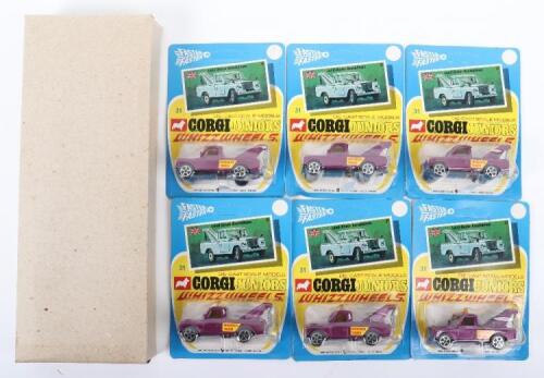 Six Corgi Juniors Whizzwheels 31 Land-Rover Breakdown Wrecker Trucks, with outer Trade Box