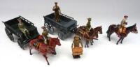 Lancer General Service Wagon and Britains General Service Supply Wagon, dark green finish, 1939, with one seated man, service dress with New Toy Soldiers mounted Officer and two Signallers with pigeons (Condition Excellent) (10)