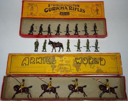 Britains set 47, Skinner's Horse with Trumpeter on brown horse in original Armies of the World box (Condition Good-Fair, one trooper missing, one lance head loose, one broken, some horse legs bent, box Poor) set 1893, Royal Indian Army Service Corps at th