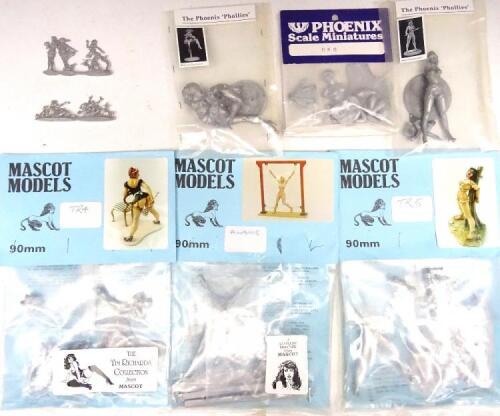 Erotic 90mm unpainted model kits three by Mascot Models and three by Phoenix in original packets, with two 28mm flat figure vignettes (Condition Excellent, packets Very Good) (11)