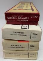 Britains empty boxes for sets 2027, 9166, 9170 and 9213 seventeen original Britains infantry box trays with card inserts and one for cavalry, one two row insert card and fifteen infantry insert cards, a leaflet, and various ammunition packets etc. (Condit